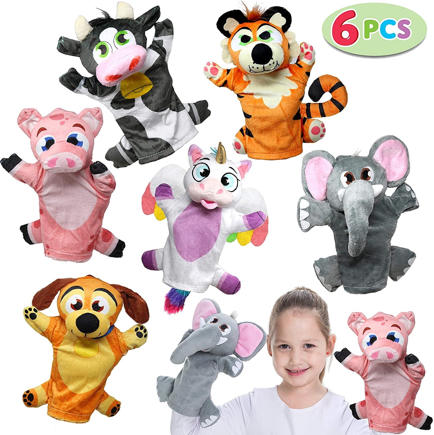 Toy Animal Friends Deluxe Hand Puppets 6 Pack for Imaginative Play, Stocking, Birthday Party Favor Supplies, Girls, Boys, Kids and Toddler