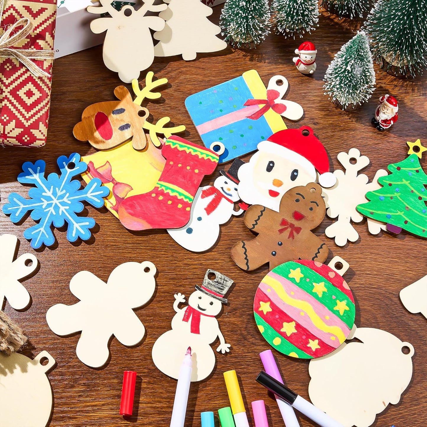SYNCFUN 100 Pcs Christmas Wooden Hanging Ornaments with 8 Colored Pens, Unfinished Wood Ornaments Bulk for Kids Make Your Own Craft, DIY Coloring Ornament Gifts for Xmas Tree Decor Party Supplies