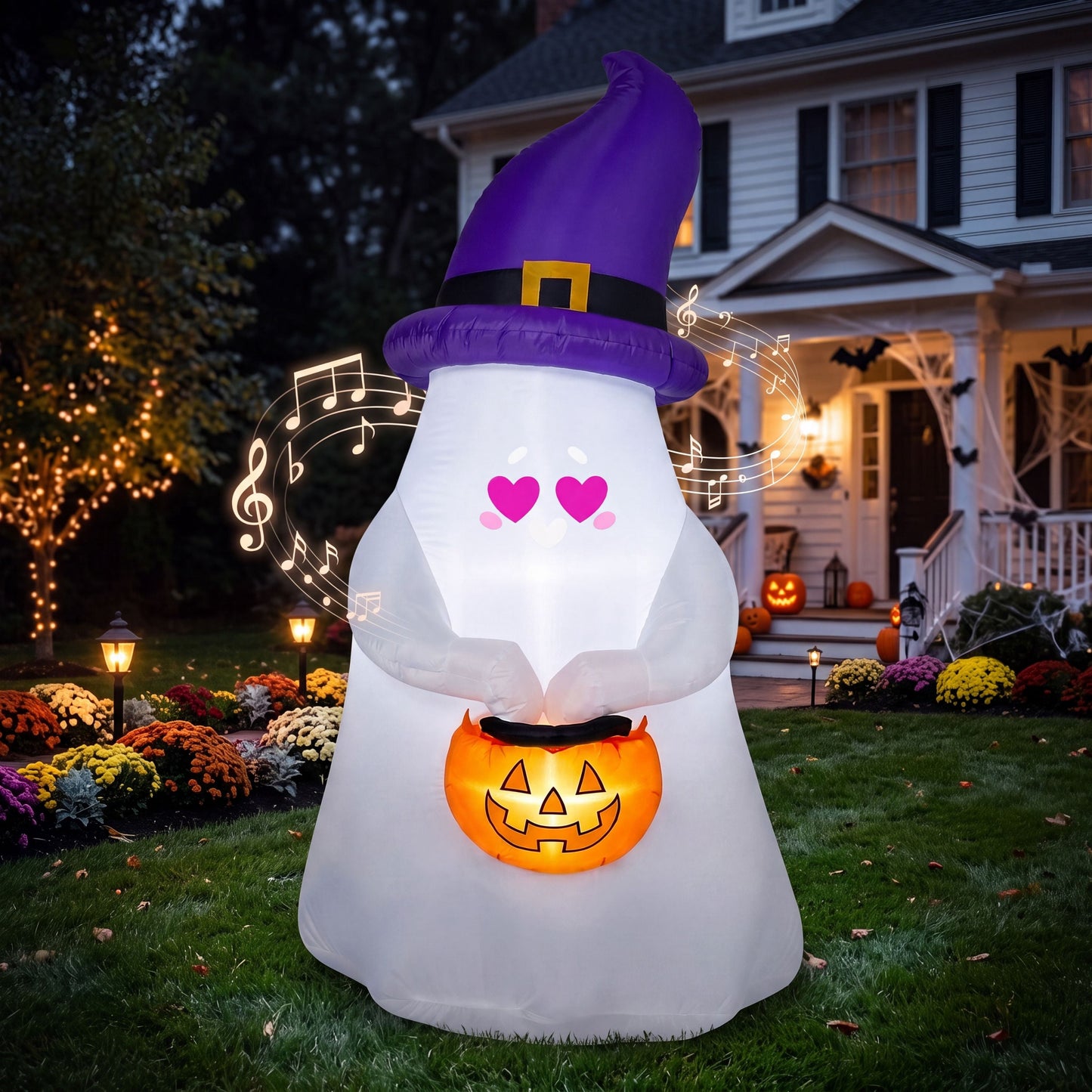 Joyfy 5 ft Halloween Inflatable Witch Ghost with Projector Face and Music,Blow Up Yard Decor with 8 Expressions,Outdoor Decoration for Garden Lawn Party
