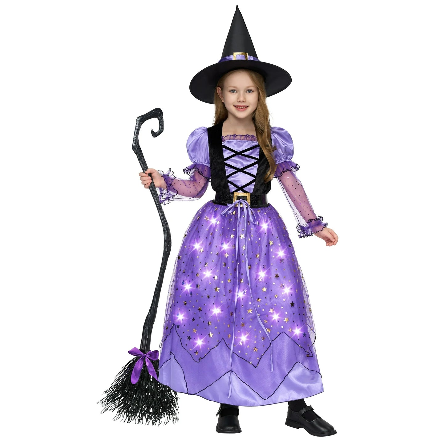 Syncfun Light Up Witch Costume Set for Girls, Starry Witch Dress with Broom Belt Hat for Kids and Toddlers, Perfect for Halloween Party Dress-Up Cosplay (5-12 Years)