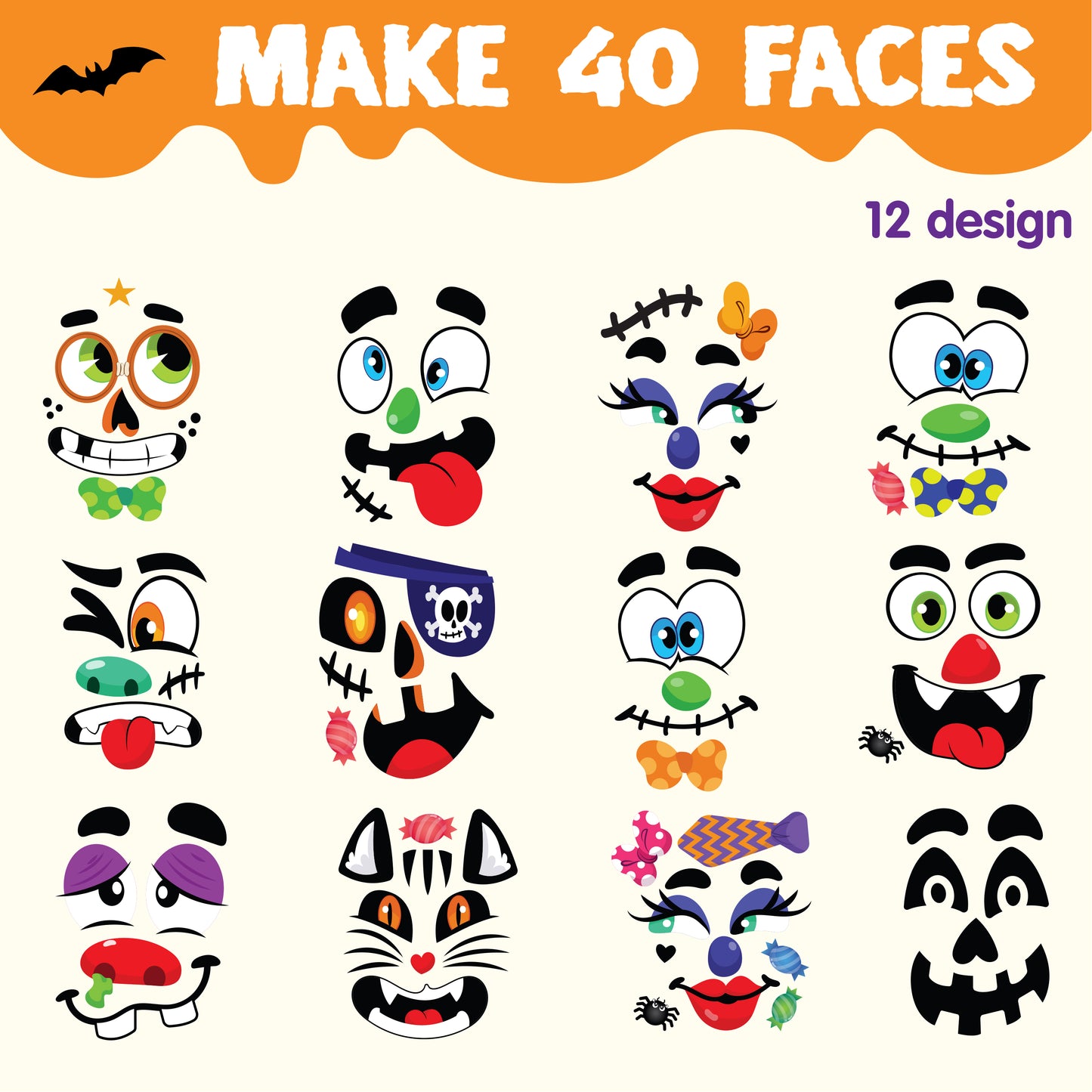 SYNCFUN 40 Pcs Halloween Stickers Pumpkin Decorations Kit with 12 Designs,Pumpkin Face Stickers for Halloween Party Supplies Games,Halloween Crafts for Kids