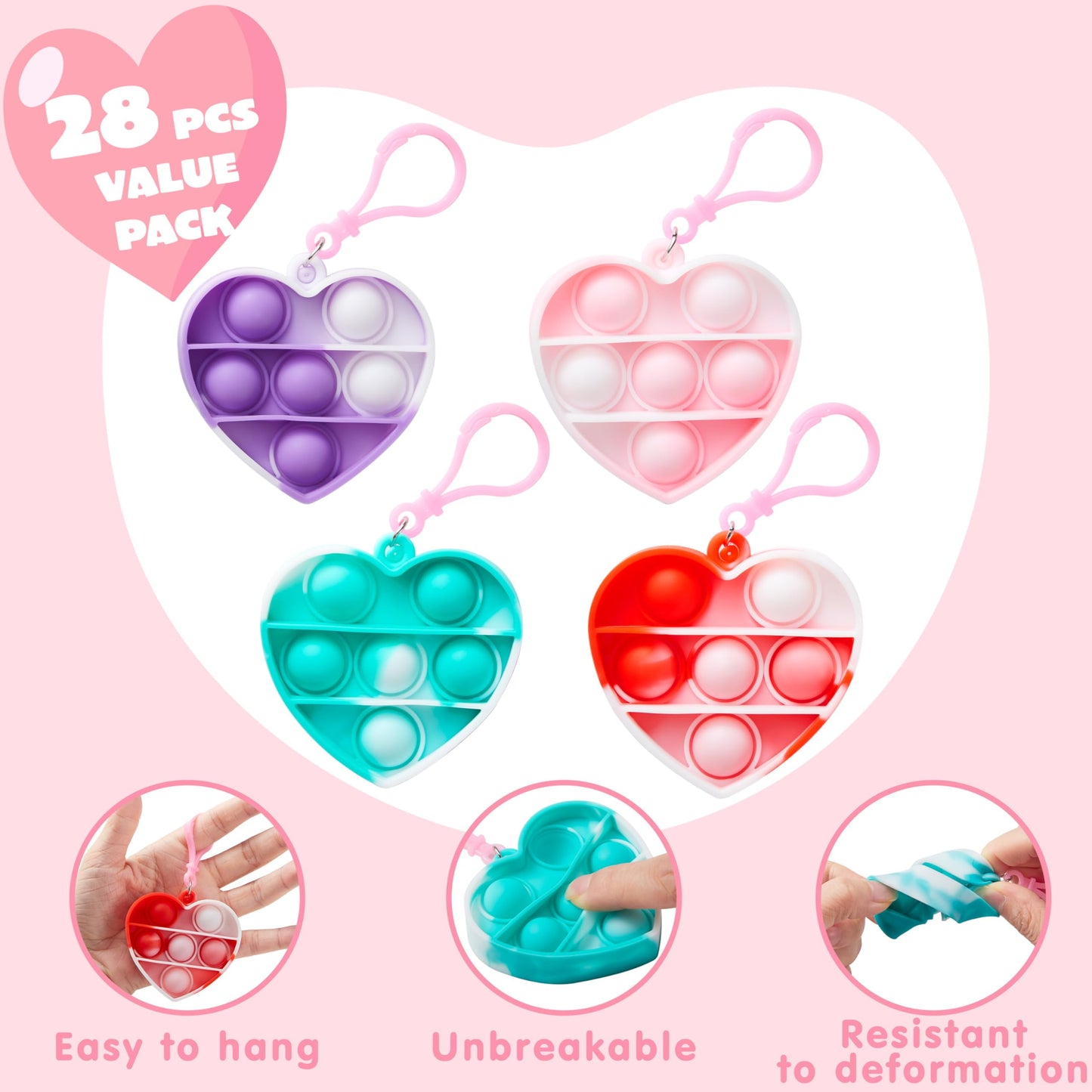 56pcs Valentines Toy Set (28 Cards with 28 Pop Bubble Key Chains) for Kids, Stress Relief Fidget Toys, Valentines Exchange Pack, Valentines School Classroom Party Favors
