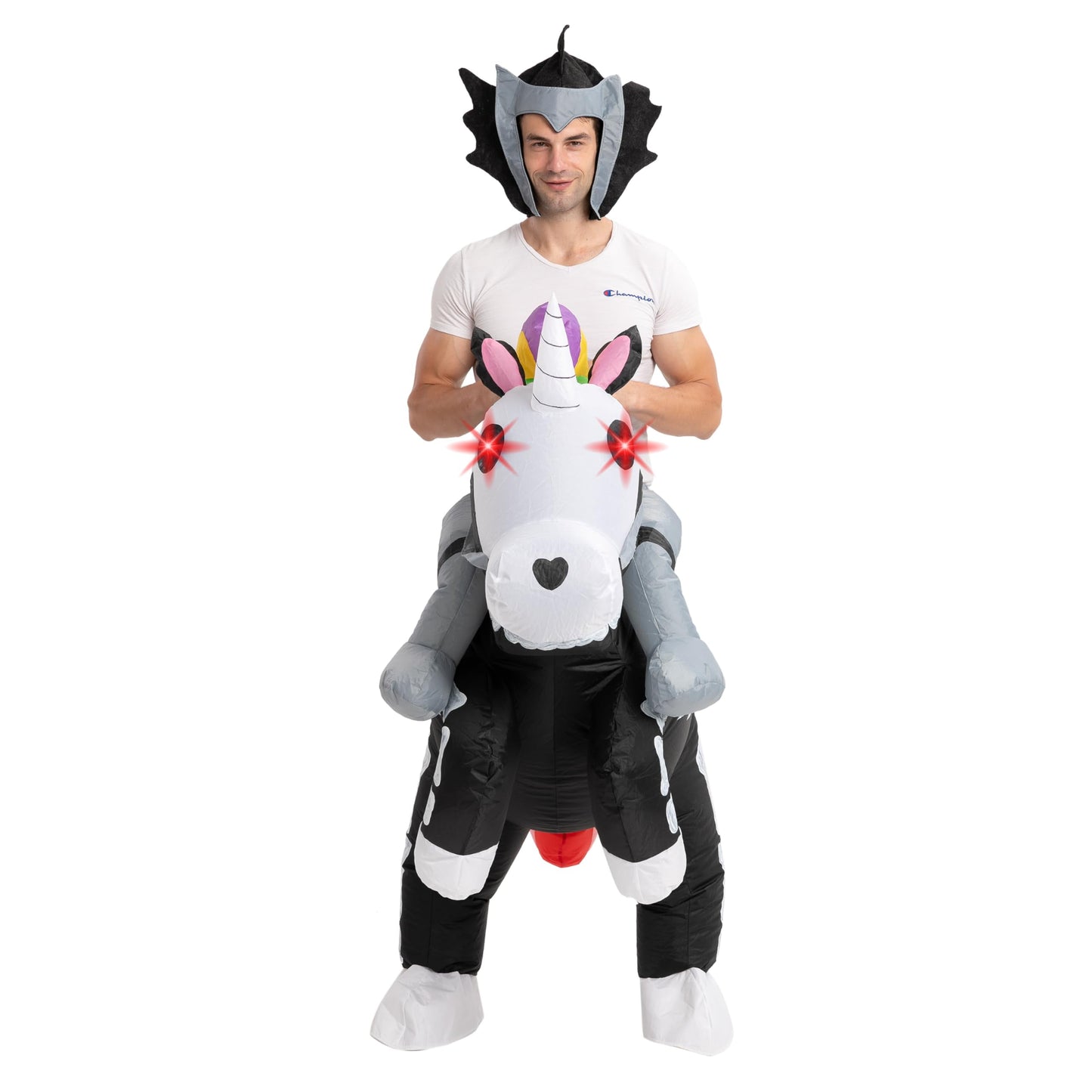 Syncfun Inflatable Halloween Costume, Ride A Skeleton Unicorn Blow Up Costume with LED Light Eyes, Ride On Inflatable Costume for Adult