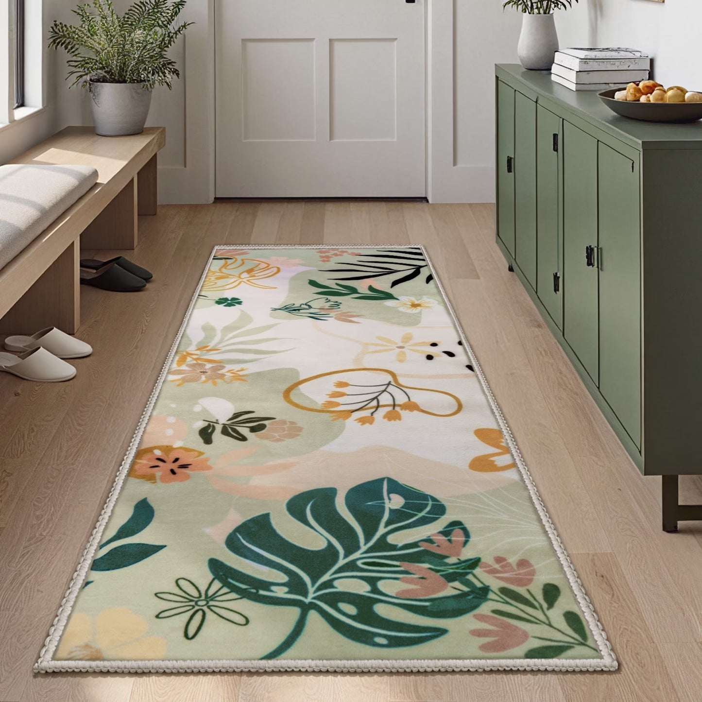 Joyfy Soft Floral Washable Runner Rug 2'x6' Non-Slip Kitchen Carpet with Rubber Backing for Entryway, Laundry, Bedroom, Indoor Use Green