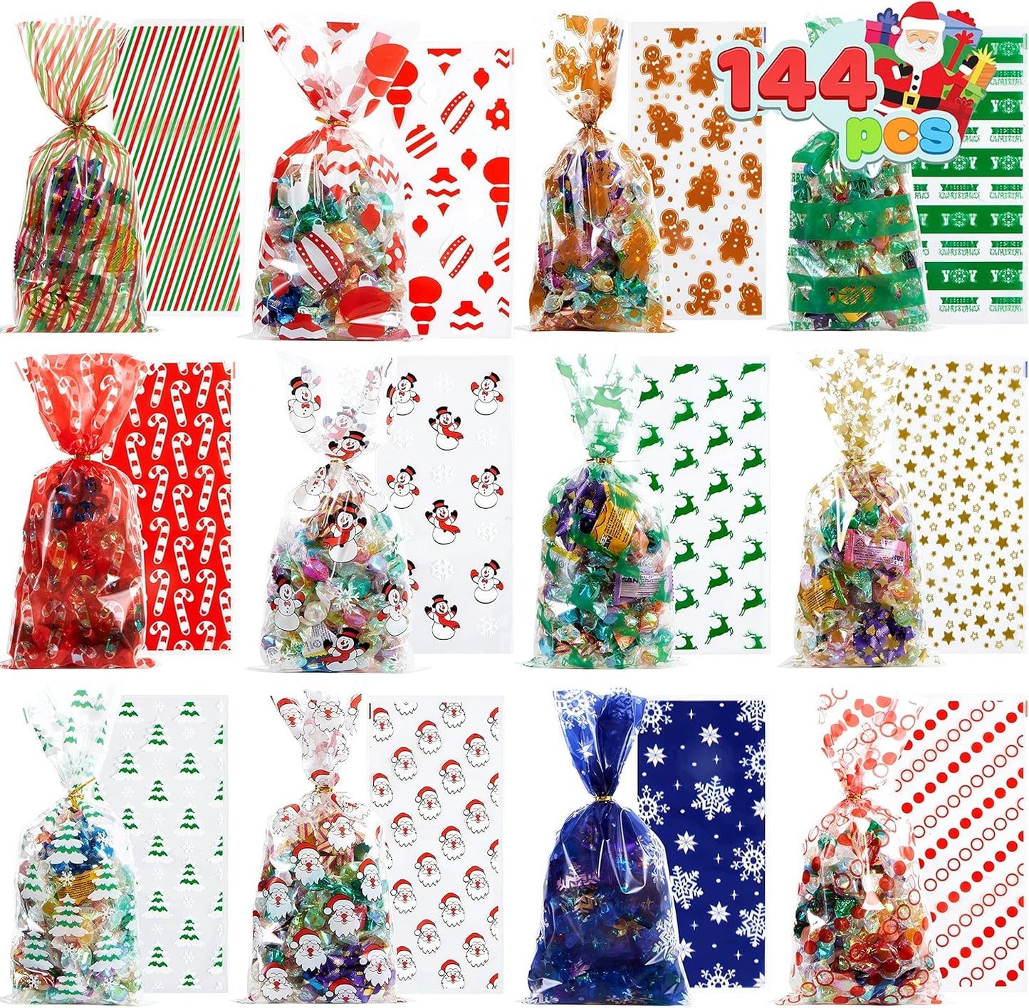 Joyfy 144 Pcs Christmas Cellophane Bags with Ribbon Candy Cookie Bags for Holiday Treats, Christmas Party Favors Supplies, Christmas Clear Cello Gift Bags, Xmas Goodie Bags