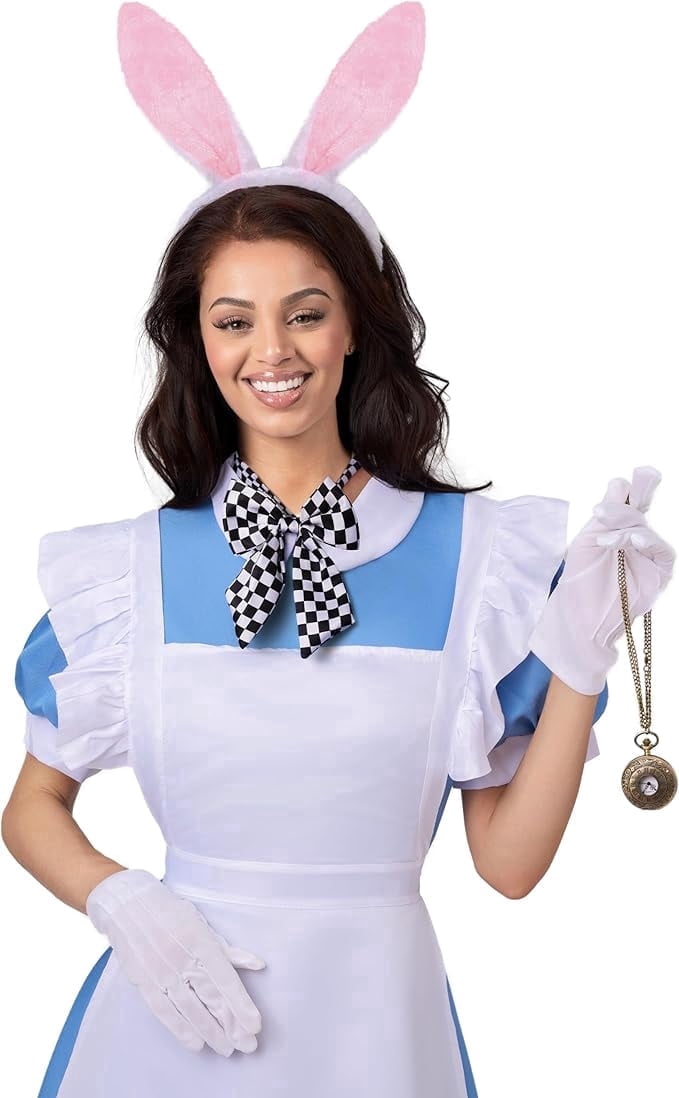 Joyfy White Bunny Costume Set for Women, Rabbit Halloween Costume with Headband, Bow Tie, Tail, Gloves and Pocket Watch for Role Play Party