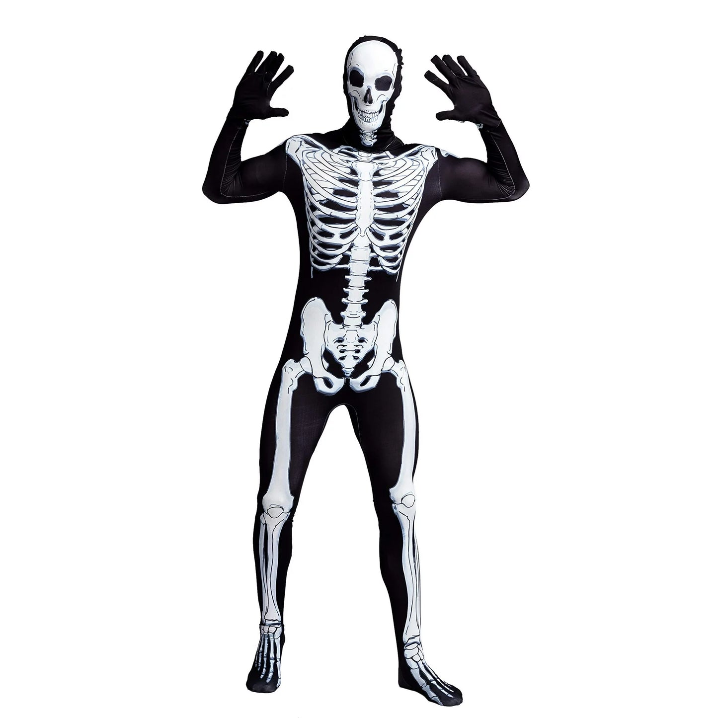 Spooktacular Creations Skeleton Bone Bodysuit Halloween Costumes for Men with Skeleton Hood Mask. Medium
