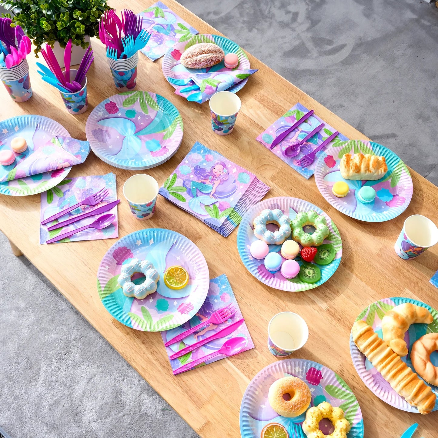 Syncfun 145 Pcs Mermaid Party Supplies for Kids Birthday with Banner 24 Serves Disposable Tableware Set with Plates, Cups, Napkins & Cutlery, Mermaid Birthday Party Decoration for Girls
