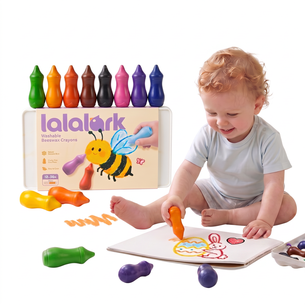 lalalark Beeswax Crayons for Toddlers 1-3 – 12 Colors Natural Washable Jumbo Crayons, Food-Grade Non-Toxic Easy-Grip Chunky Baby Bottle Shape, Safe First Coloring Gift for Birthday