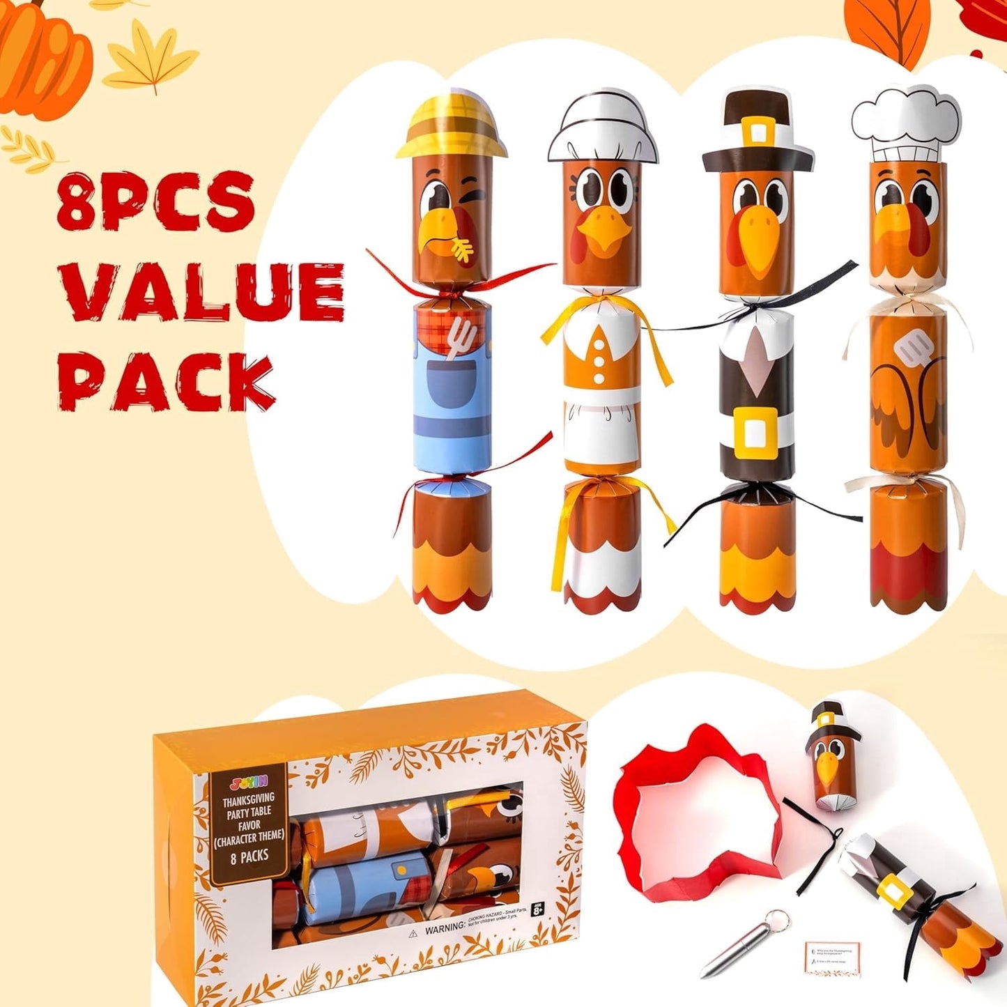 Joyfy 8 Pcs Thanksgiving Christmas Crackers Party Table Favor, No Snap Fall Leaves&Pumpkins Design, with Party Hat Joke & Little Gift for Xmas Holiday Dinner Traditions