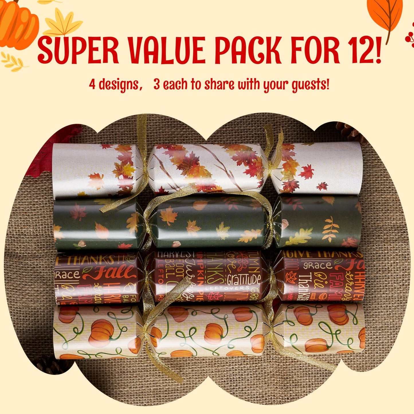 Joyfy 12 Pcs Thanksgiving Crackers Party Table Favor, No Snap Fall Leaves&Pumpkins Design, with Party Hat Joke & Little Gift for Xmas Holiday Dinner Traditions