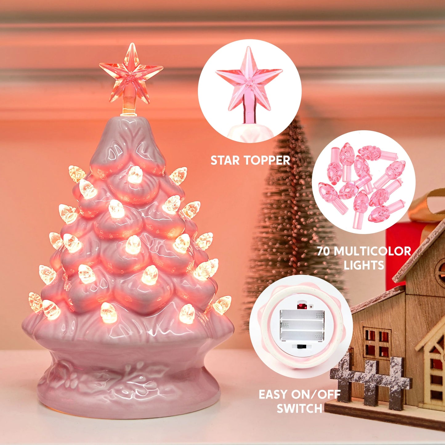 Joyfy 7 Inch Pink Ceramic Christmas Tree,Prelit Ceramic Christmas Tree with Lights and Top Star,Table Top Christmas Tree Decorations,Holiday Tree
