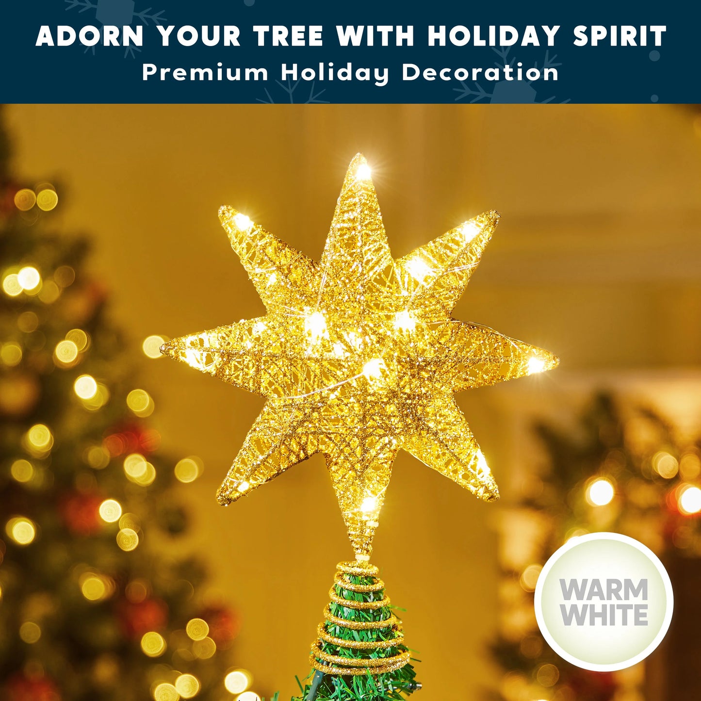 Joyfy Christmas Tree Topper,36 LED Gold Glitter 8-Point Star with Lights,Light Up Tree Topper Christmas Decorations Xmas Tree Decorations