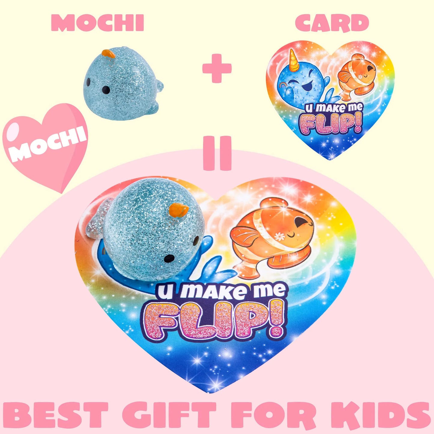 28 Pcs Valentines Day Cards with Glitter Mochi Squishy Toys pack, Cute Squeeze Fidget Toys for Kids Valentine School Class Exchange Cards Gifts