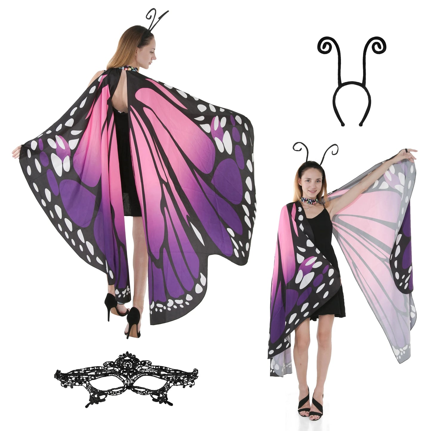 Syncfun Halloween Costume Butterfly wings for Adults cape with Cosplay mask and Velvet black headband