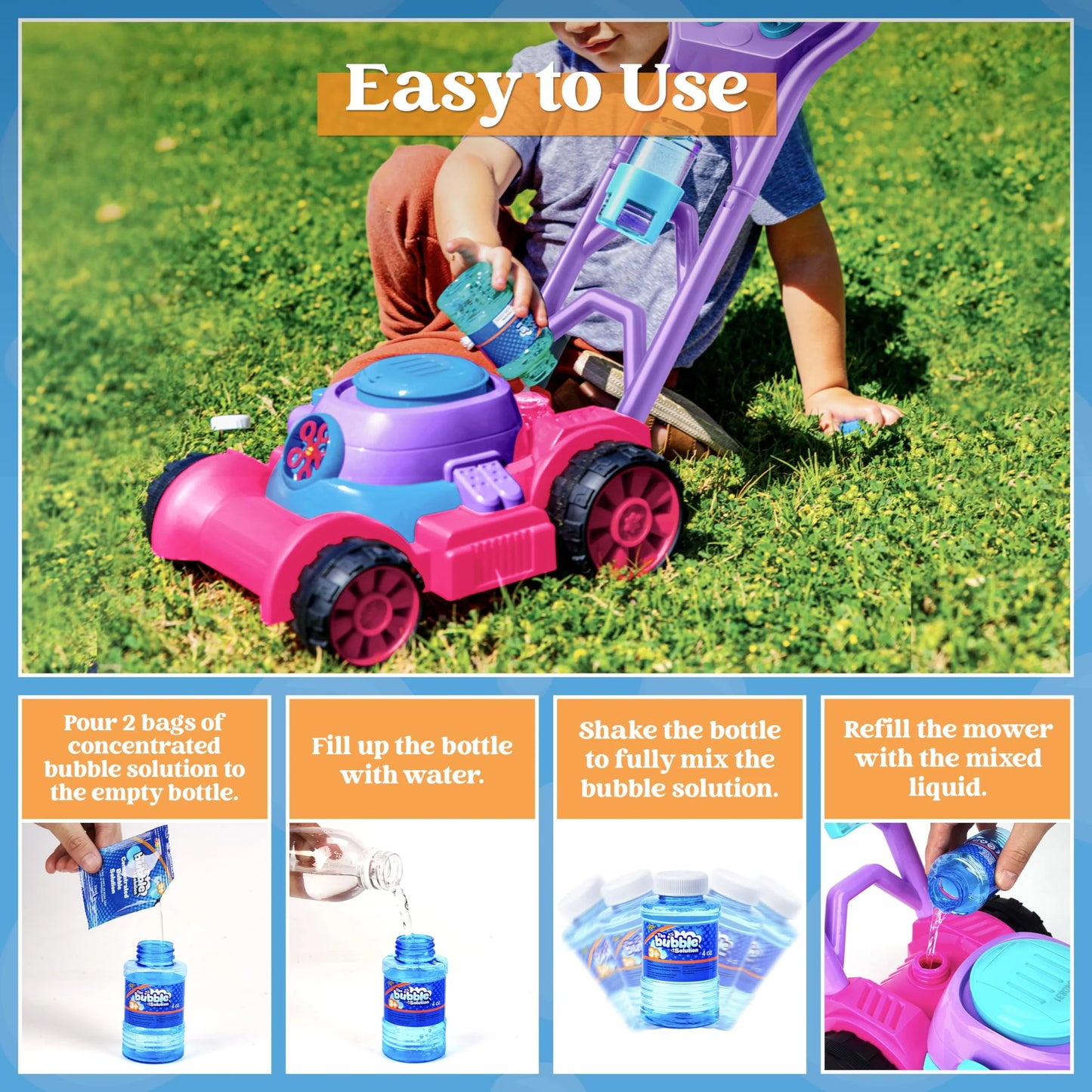 Bubble Lawn Mower, Bubble Machine Summer Outdoor Toys for Toddlers 1-3, Pink Bubble Blower for Kids 2 4 6 Birthday Gifts