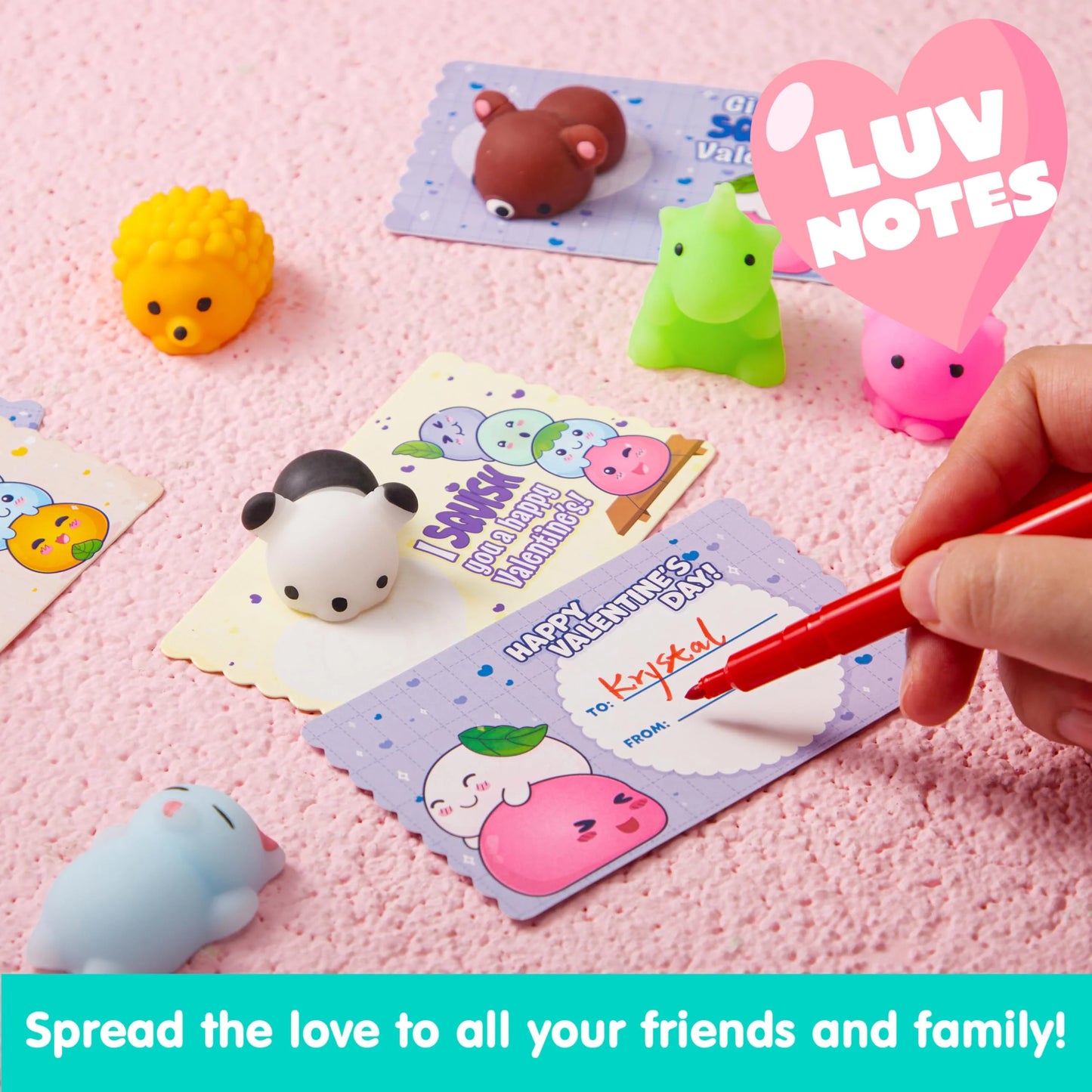 28 Packs Valentines Day Cards with Mochi Squishy Toys Set, Stress Relief Fidget Toys for Kids Valentine School Class Exchange Card Cute Gifts