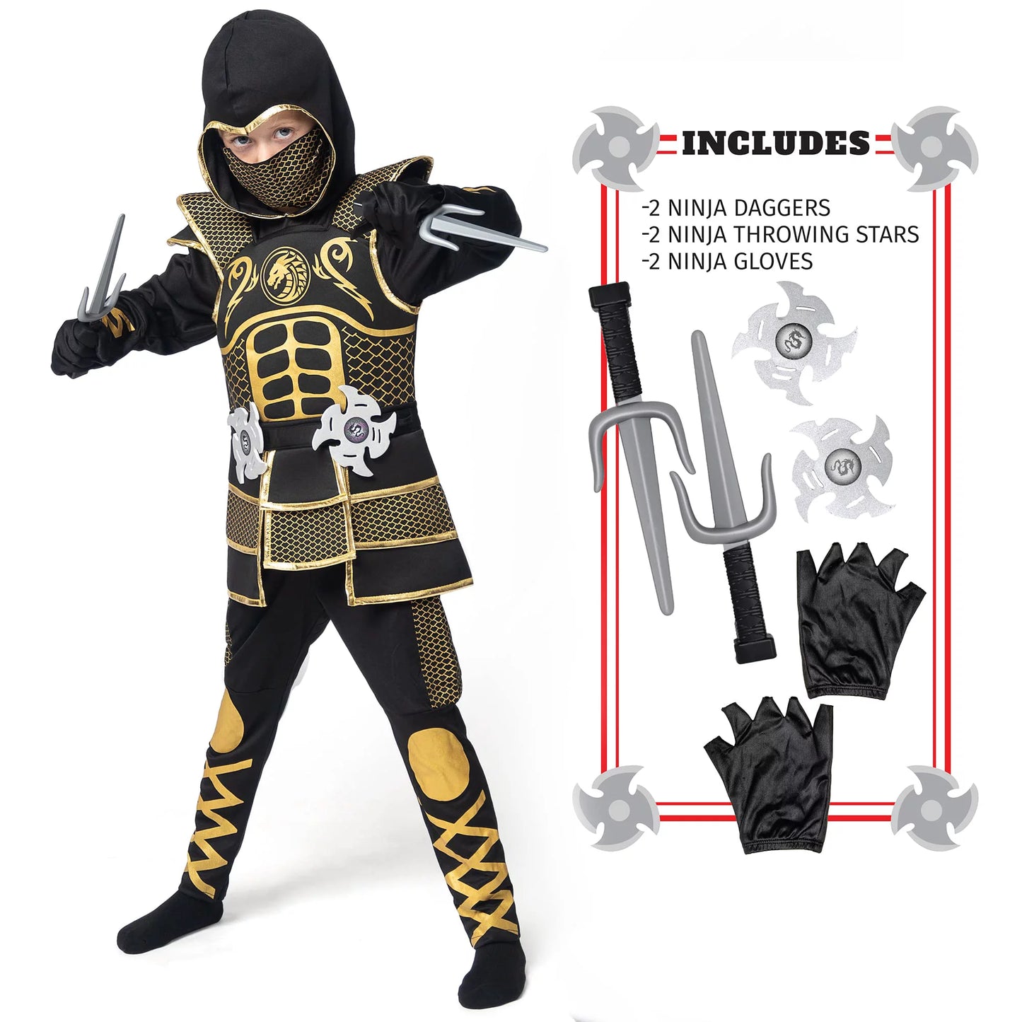Spooktacular Creations Kids Golden Ninja costume for Boys Halloween Dress Up, Costume Ninja Toddler, Ninja costume t Role Play-M