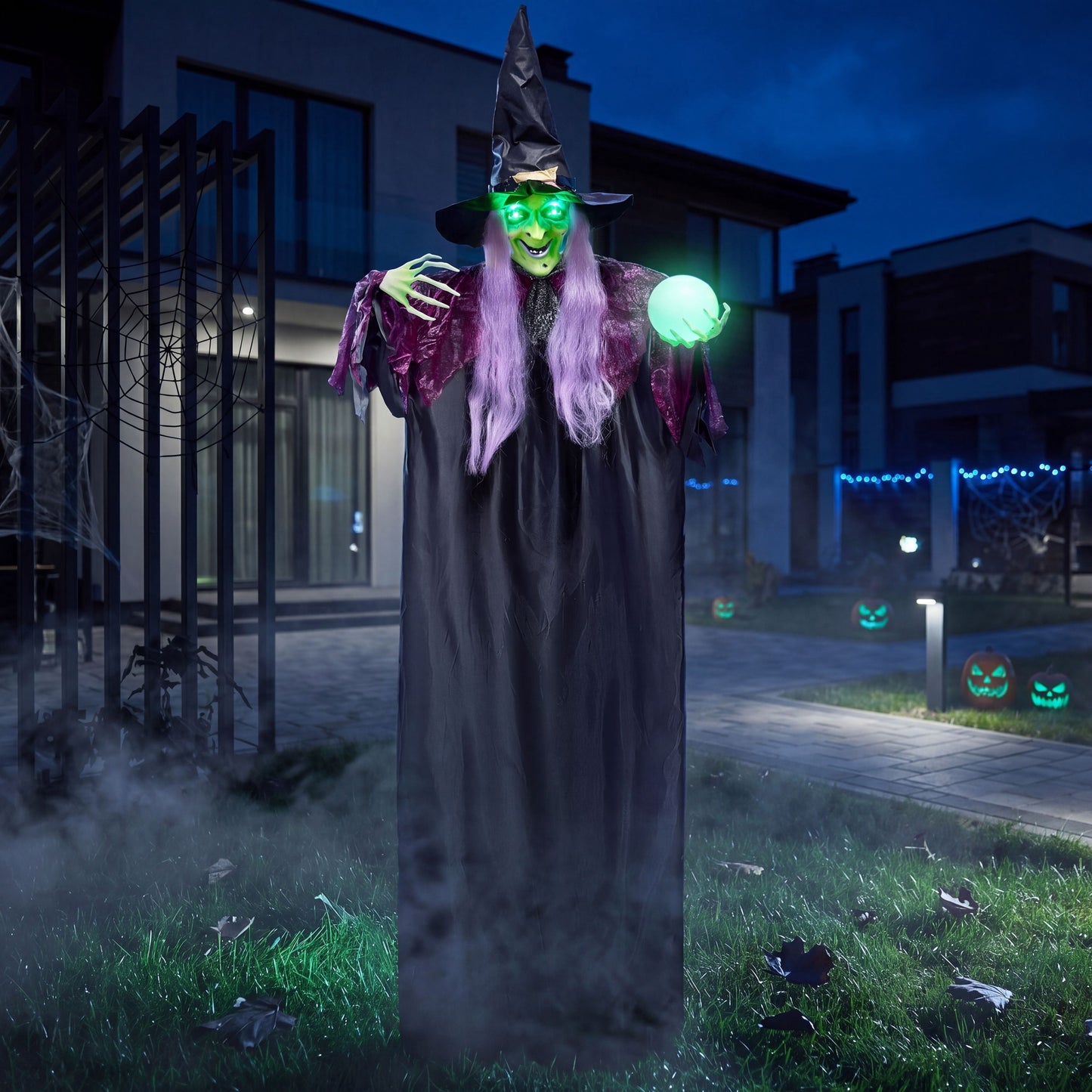 Joyfy 78 Hanging Witch Halloween Decorations with Magic Crystal Ball,Swing Flying Witch with Sound Activated Glowing Eyes Halloween Decor for Outdoor Yard Lawn Porch Haunted House
