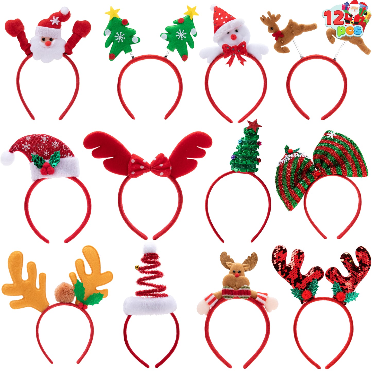 SYNCFUN 12 Pcs Christmas Headbands Assorted Design for Xmas Party Supplies Party Favors (One Size Fits All)
