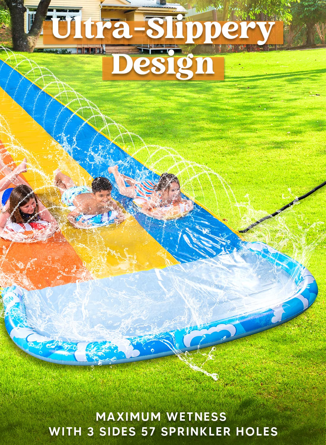 Syncfun 22.5ft Triple Water Slide and 3 Inflatable Boards, Backyard Summer Lawn Water Slides Waterslide and Slip Sprinkler Water Toy for Kids Adults Outdoor Fun