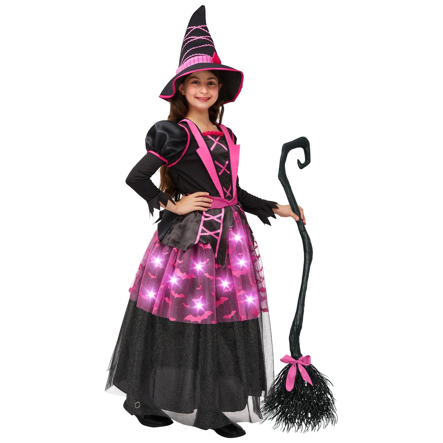 Syncfun Light Up Witch Costume Set for Girls, Starry Witch Dress with Broom Hat for Kids and Toddlers, Perfect for Halloween Party Dress-Up Cosplay Age up to 3