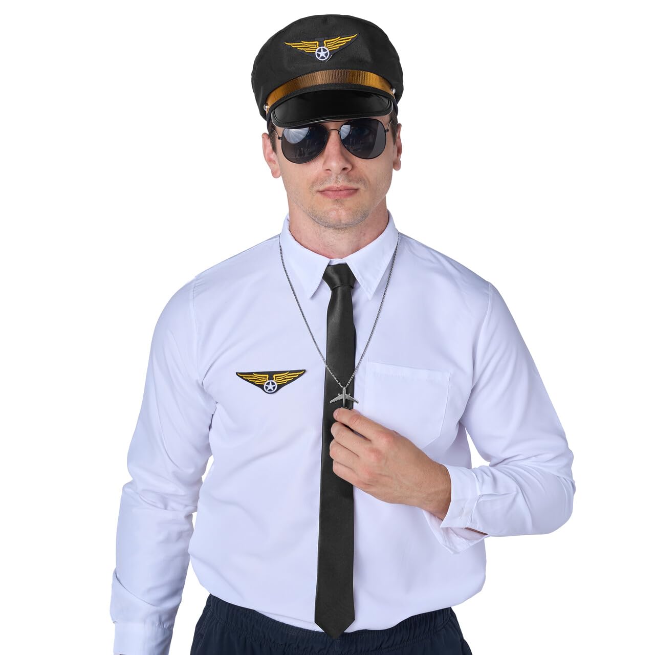 Joyfy 5 Pcs Halloween Pilot Captain Costume Accessories Set with Aviator Sunglasses,Tie,Pilot Hat,Wings Patch and Necklace,Cosplay Accessories for Kids and Adults Dress Up