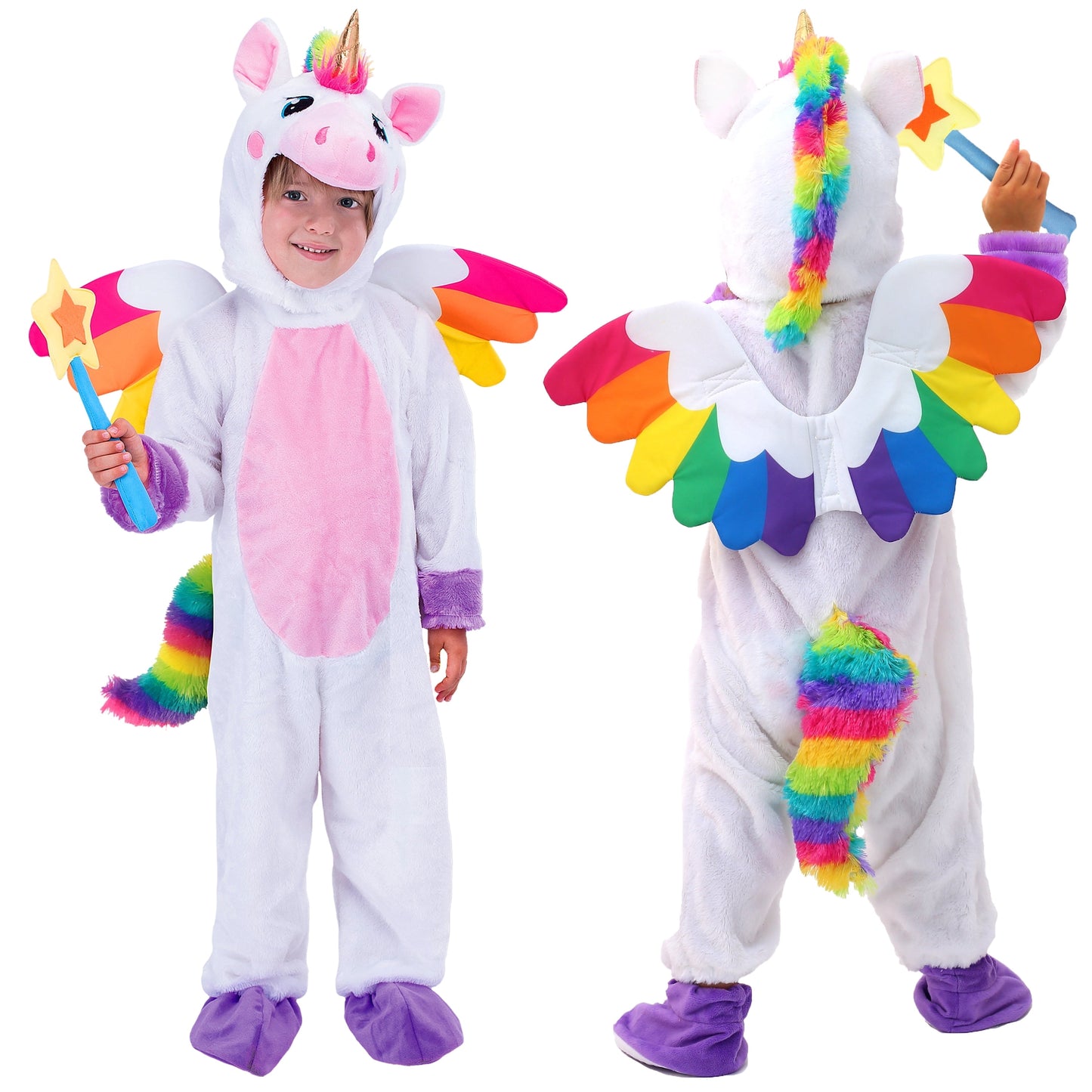 Joyfy Unicorn Costume for Kids Toddlers, One Piece Jumpsuit with Wings and Star Wand for Girls Halloween Dress Up Party 0 7 Years