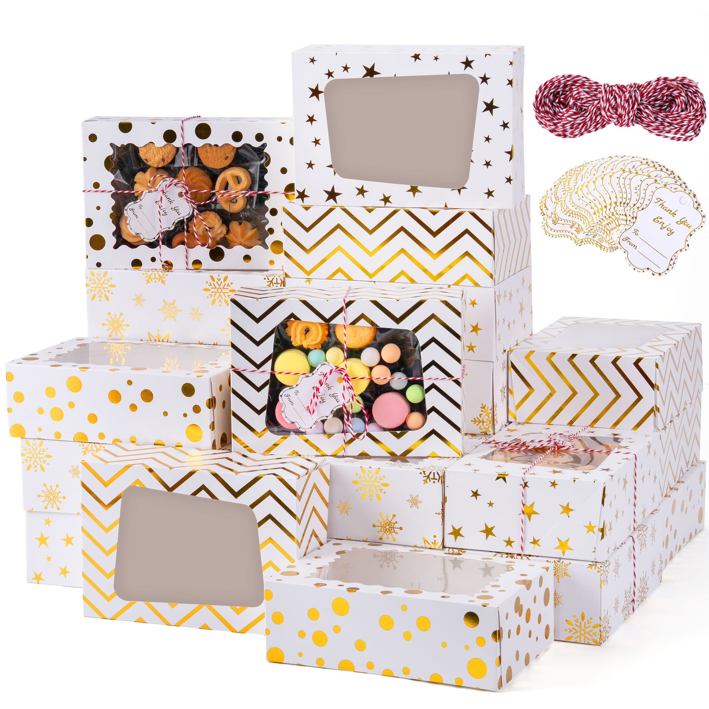 Joyfy 24 Pcs Christmas Cookie Boxes, Gold Foil Treat Boxes with Windows 9" x 6.2" x 3" Bakery Gift Wrapping Box for Xmas Holiday Party Favor Pastries, Cupcakes, Cookies, Donuts Gift-Giving