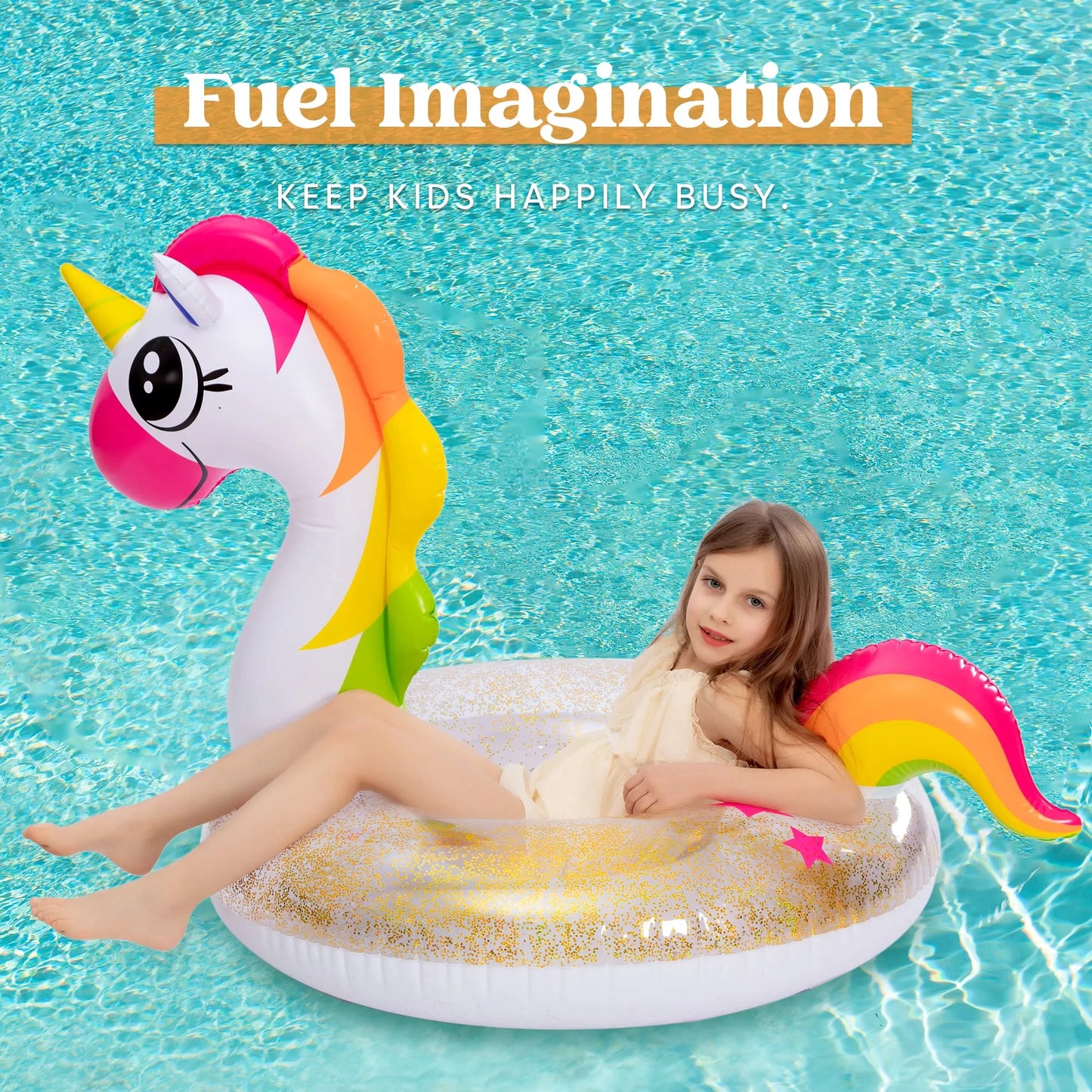 JOYIN 2 Set unicorn & Flamingo Pool Float with Glitters 35.5”, Pool Tubes for Floating, Fun Beach Floaties, Pool Toys, Summer Pool Beach Outdoor Party Supplies Party Toys for Kids