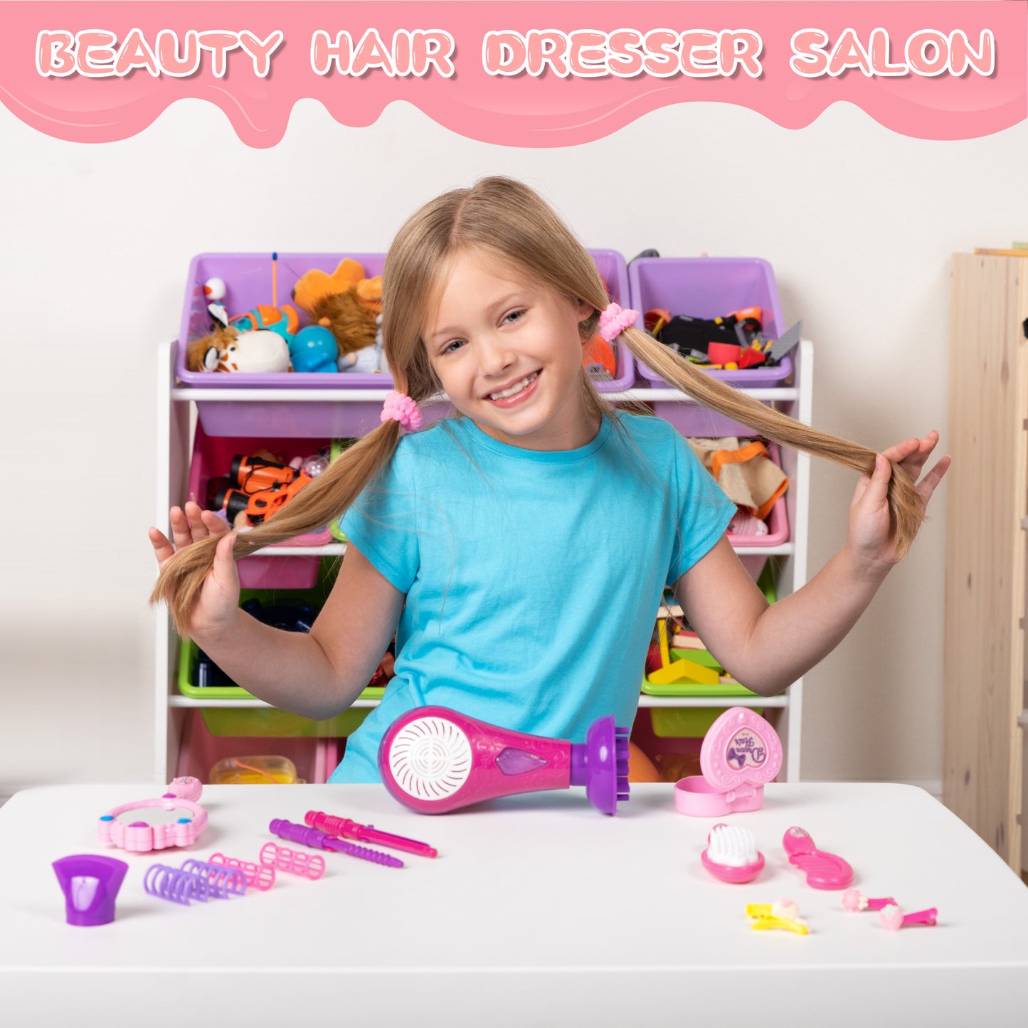 SYNCFUN 17 Pcs Girls Beauty Salon Toy Set, Pretend Play Doll Hair Stylist Toy Kit for Kids Toddler, Fashion Cutting Makeup Party Favors, Birthday Gift for Girl