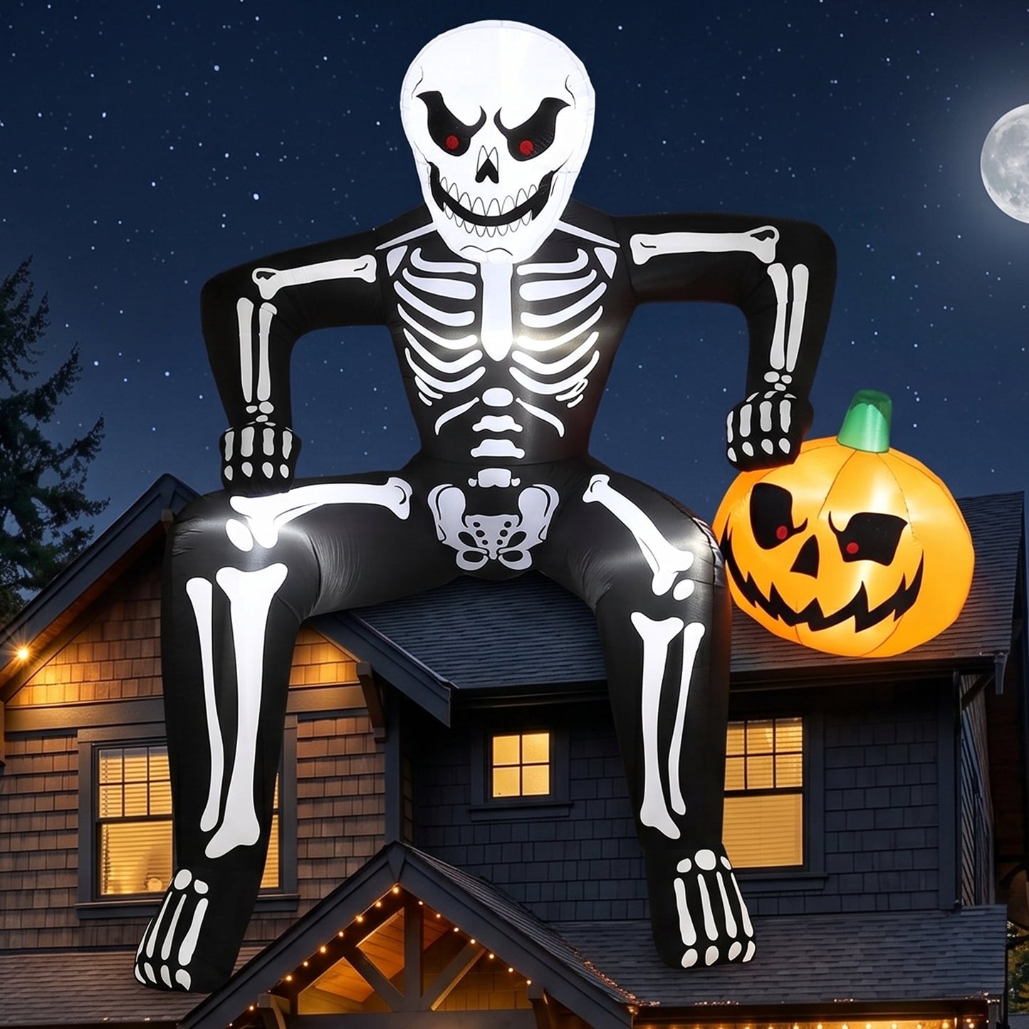 Joyfy 8.5 ft Halloween Inflatable Skeleton Holding Pumpkin Outdoor Decoration,LED Lighted Blow Up Skeleton Sitting On The Roof Decor for Rooftop,Yard and Party