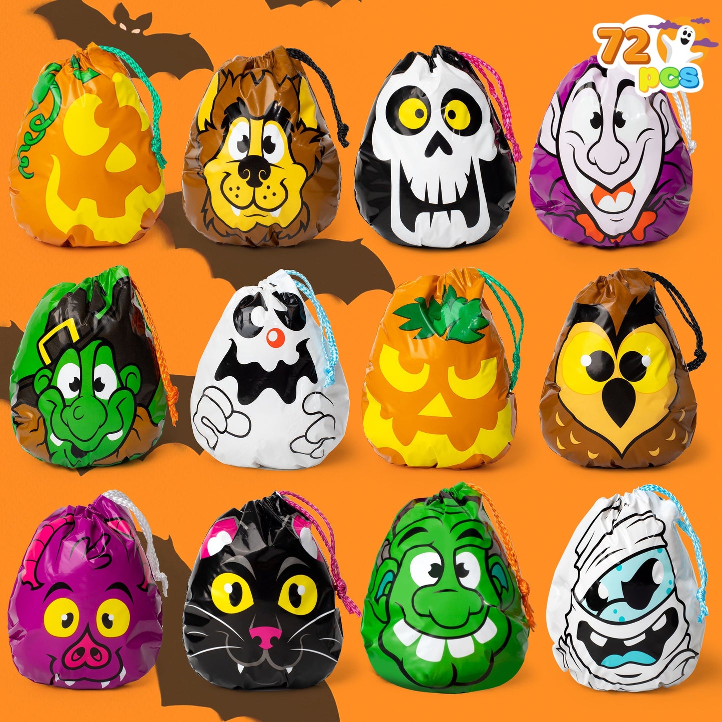 Joyfy 72PCS Halloween Treat Bags, Drawstring Goody Bags for Kids, Trick or Treats Bags, Candy Gift Bags Bulk for Halloween Party Favors Supplies