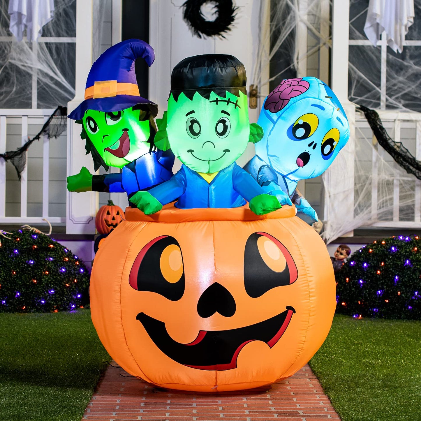 Syncfun 5 FT Halloween Inflatable Characters on Pumpkin Inflatable with Build-in LEDs Blow Up Halloween Outdoor Decorations Yard Inflatables Decoration