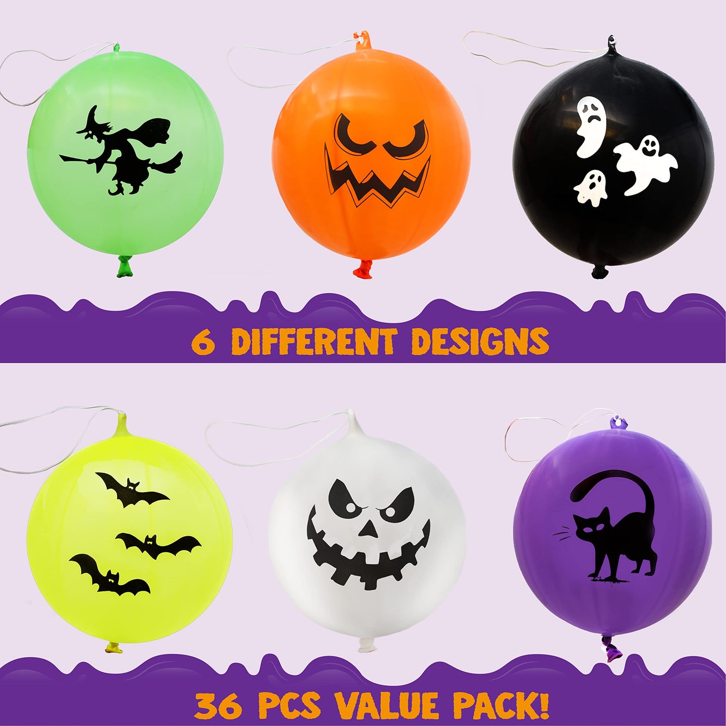 SYNCFUN 36 Pcs Halloween Punch Balloons,Halloween Toys for Kids,Halloween Party Favors Games,Halloween Treat Bag Fillers Prizes Goodies,Classroom Halloween Decorations