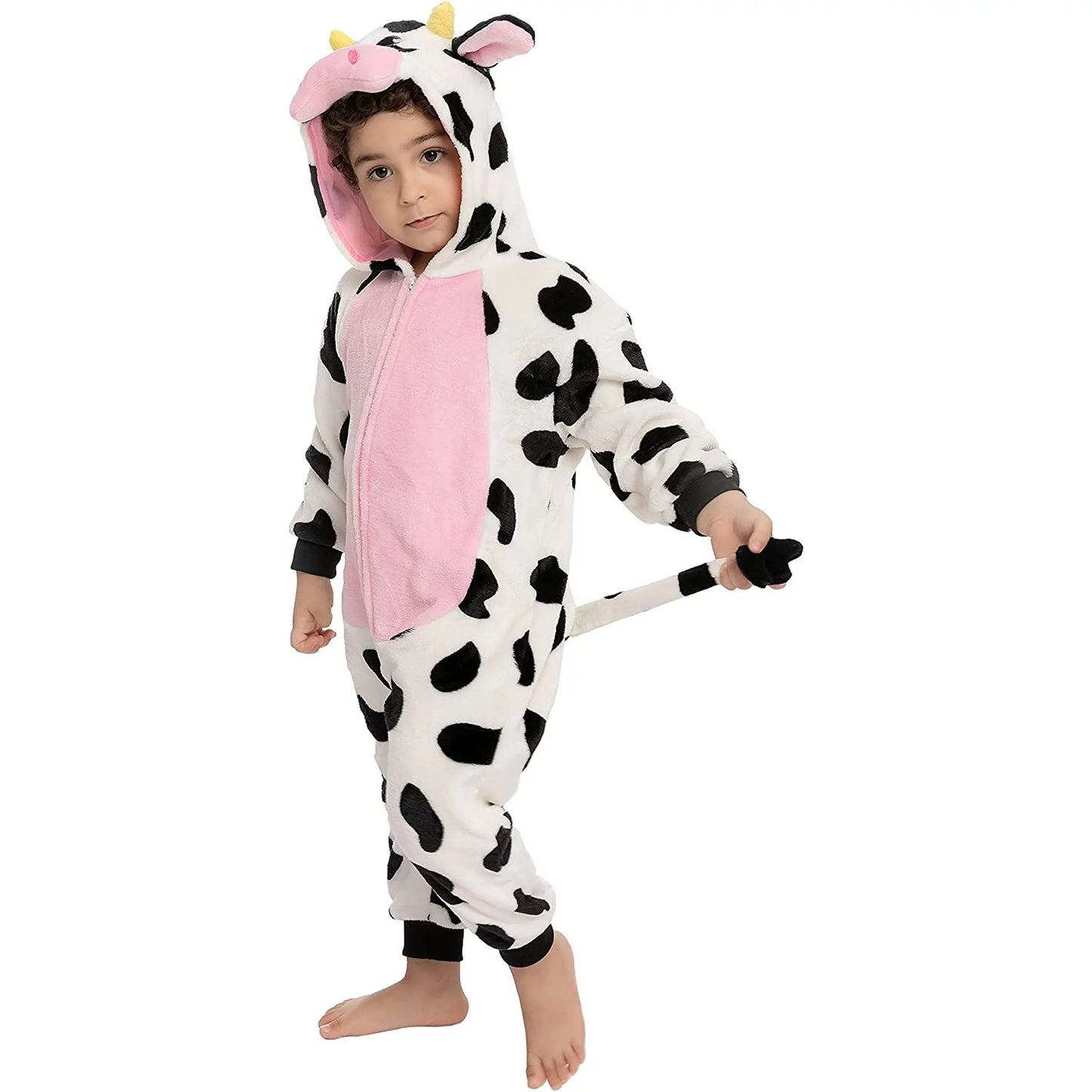 Spooktacular Creations Baby Cow Costume Pajama Hooded, Romper Plush for Toddler Cow Halloween Animal Dress Up (12-18 months)