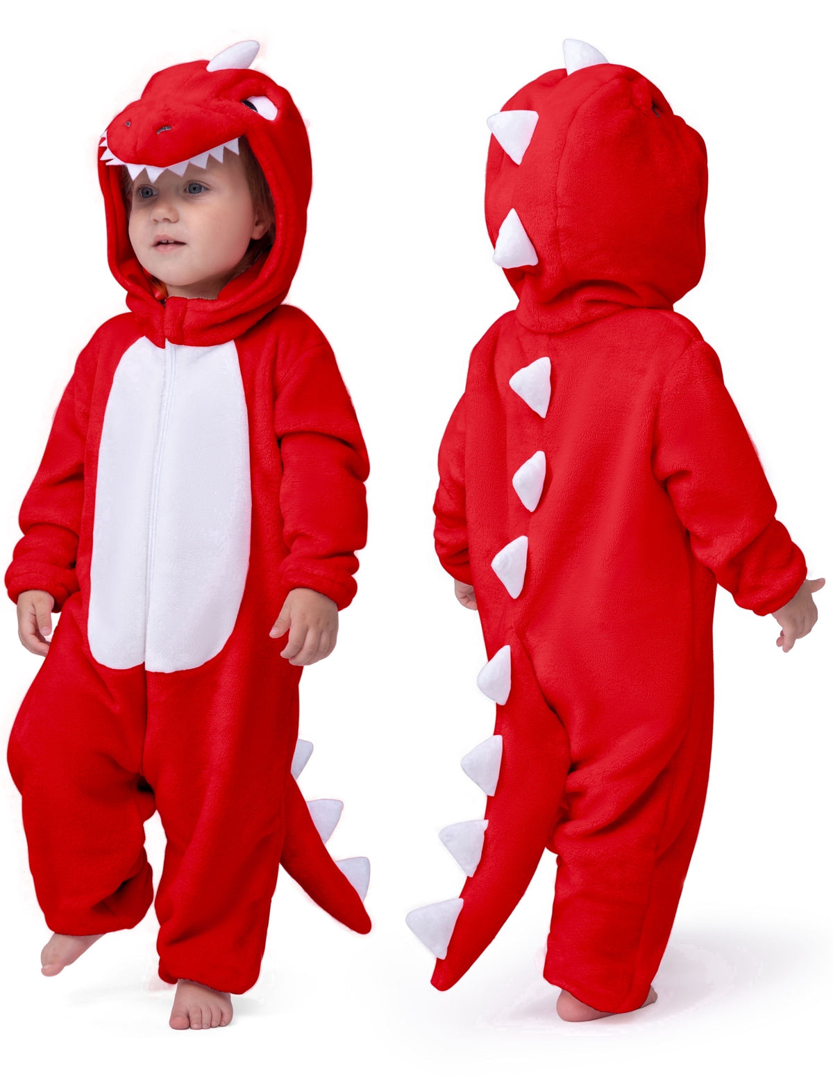 Joyfy Baby Dinosaur Costume for Toddler, Red Hooded Zipper Pajama Jumpsuit for Halloween Dress Up,Ages 3-4