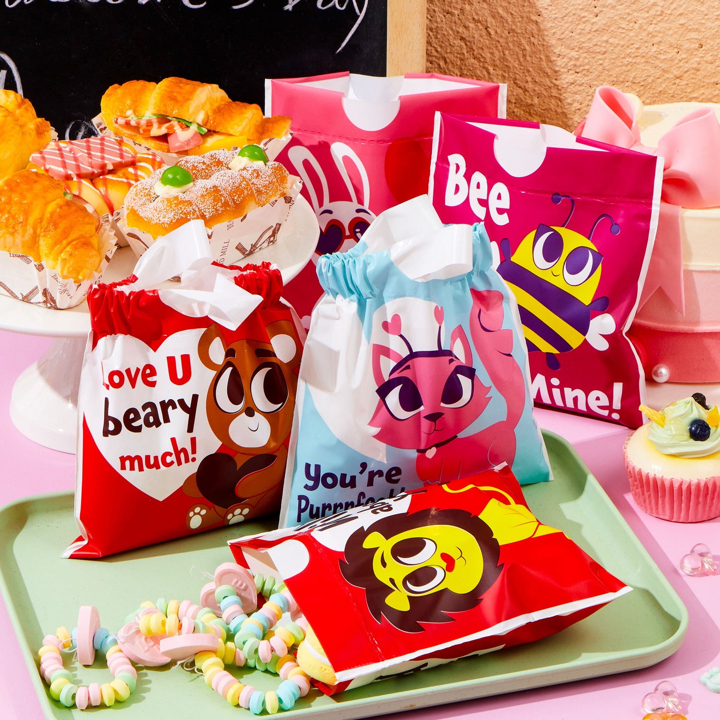 49 Pcs Valentines Day Bags with Drawstring for Kids,Valentines Gift Bags Candy Goody Bags for Kids Valentines Day Party Favor