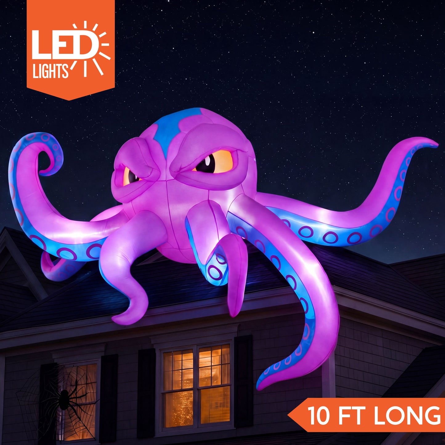 Joyfy 10 FT Long Halloween Inflatable Purple Octupos Head with Tentacles Broke Out from Window with Built in LED Blow Up Inflatable for Window Decoration Yard Garden Lawn Decor