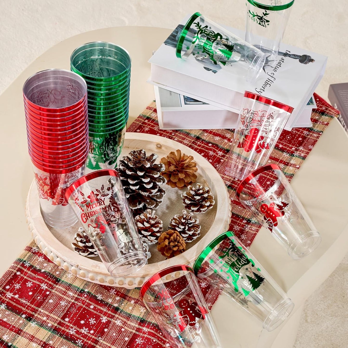 Joyfy 36 Pcs Christmas Plastic Cups,16 OZ Clear Red and Green Plastic Drinking Cups, Christmas Cups Disposable for Xmas Party Supplies