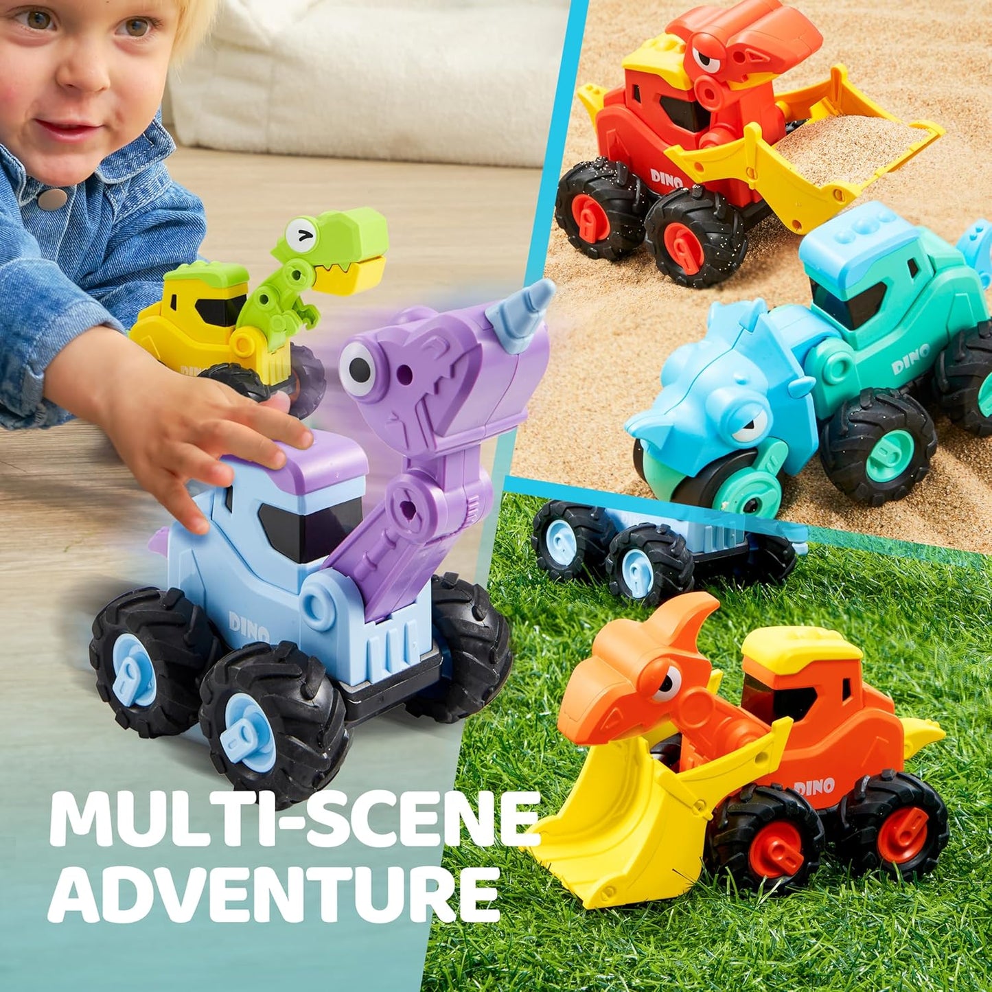 Syncfun 4Pack Dinosaur Construction Vehicles Set, Baby Toy Cars for Toddlers, Car Toys for 1 2 3 Year Old Boys Girls Kids, Best Birthday Gifts for Toddler