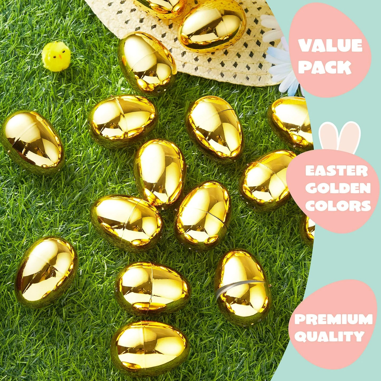 JOYFY 36 PCS Gold Easter Eggs 2.3" Metallic Plastic Empty Eggs Fillable for Easter Hunt, Filling Treats, Party Favor, Basket Stuffers, Classroom Prize Supplies