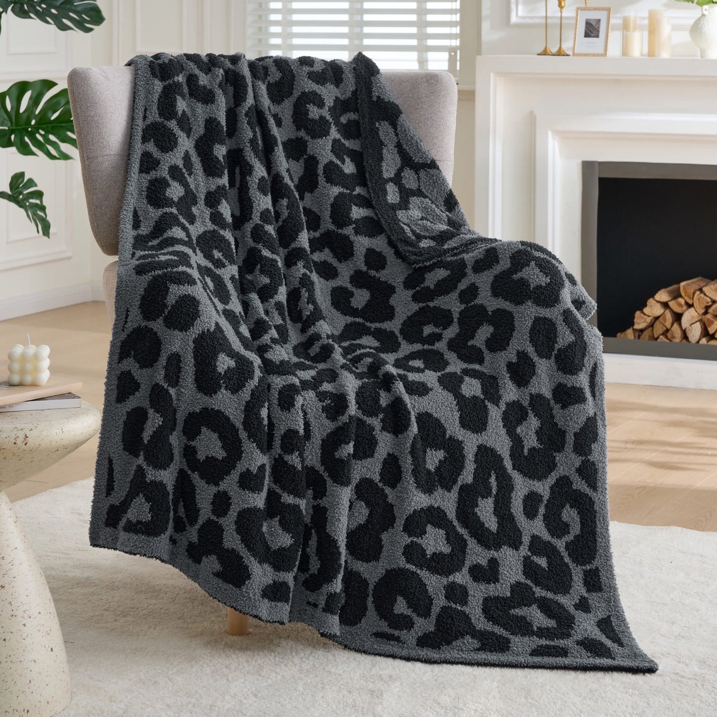 Joyfy Black Grey Leopard Knitted Throw Blanket 50x60 Inches, Cozy Soft Throw for Couch, Bed, Sofa - Cute Aesthetic Room Decor and Gift for Women, Mom, Girls, Mothers Birthday