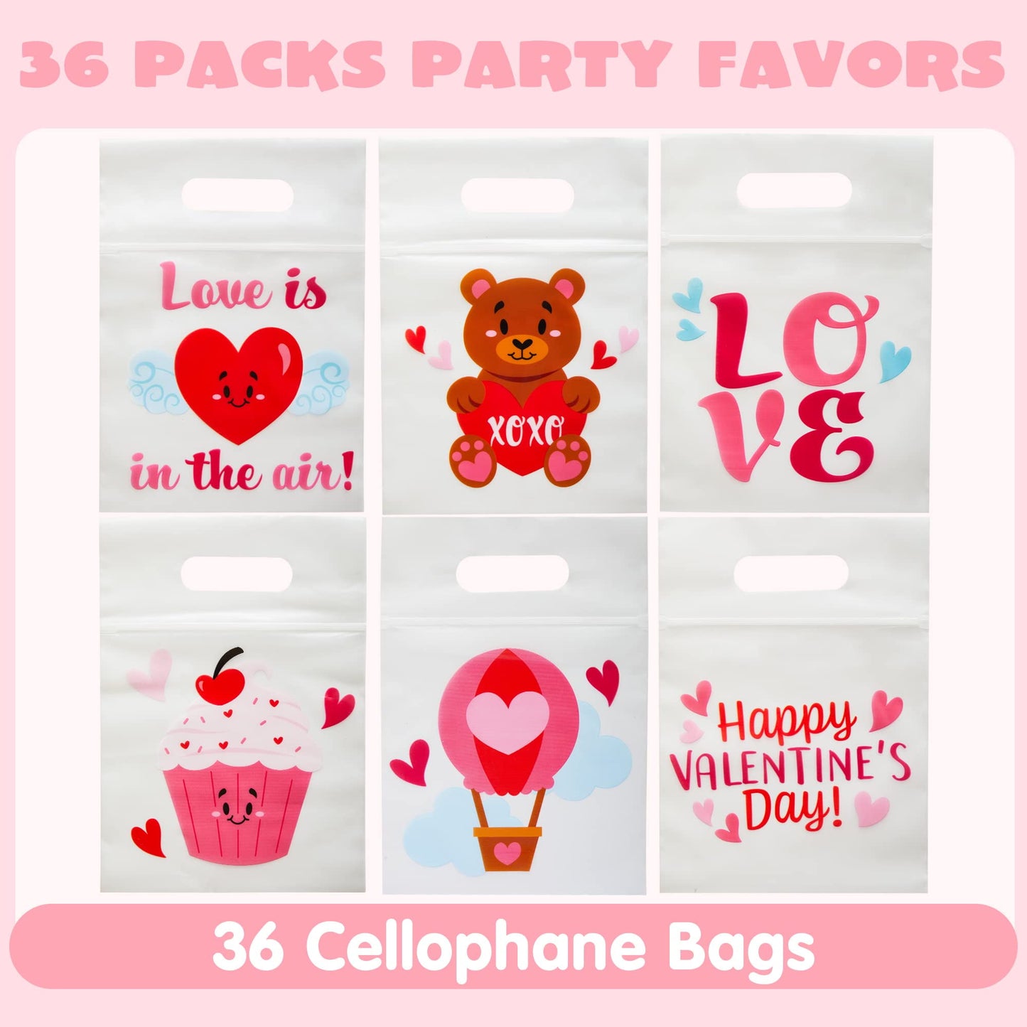 36 Pcs Valentine's Day Cellophane Bag with Designs,Candy Goody Treat Gifts Bags for Kids Classroom,Valentine Bags for Kids