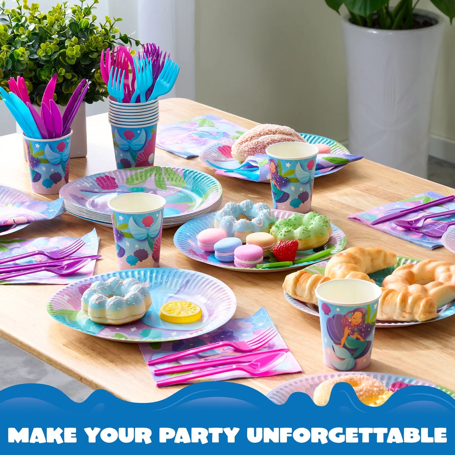 Syncfun 145 Pcs Mermaid Party Supplies for Kids Birthday with Banner 24 Serves Disposable Tableware Set with Plates, Cups, Napkins & Cutlery, Mermaid Birthday Party Decoration for Girls