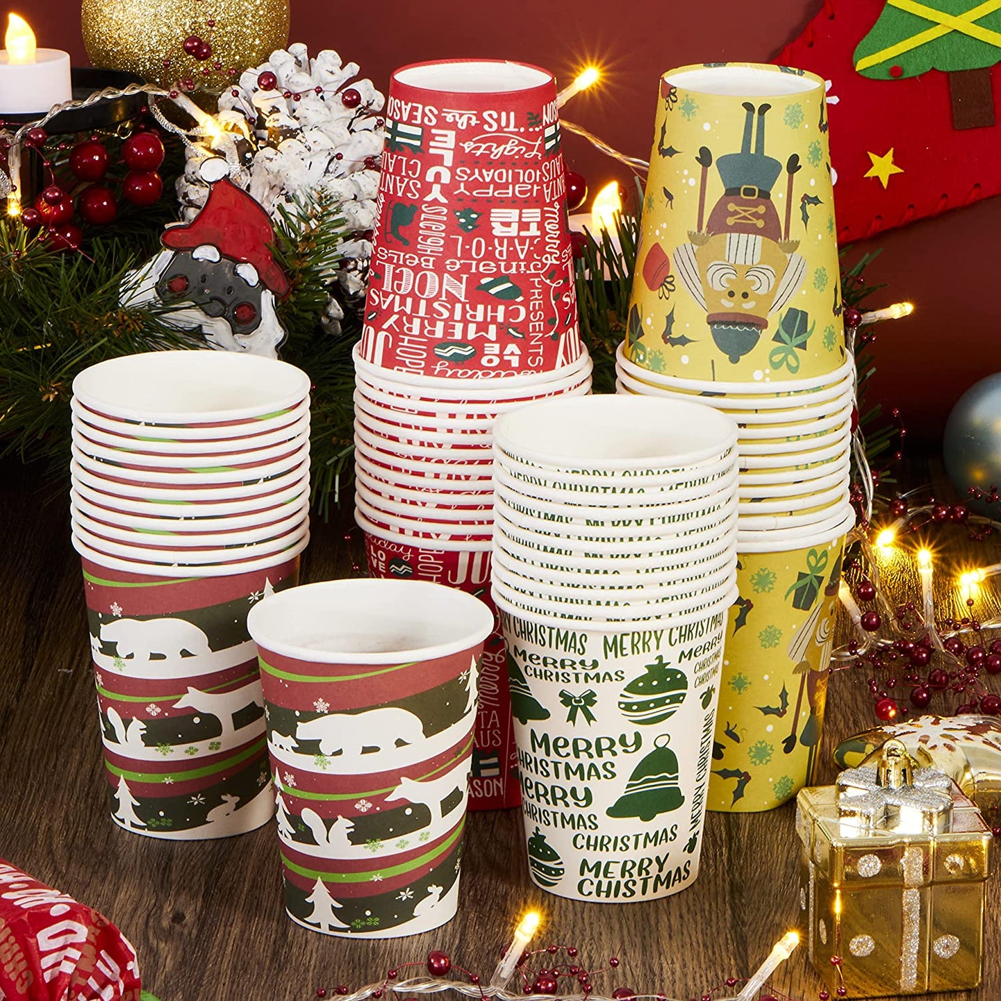 Joyfy 48 Pcs Christmas Paper Cup with Holiday Design, 9 oz Xmas Disposable Dinnerware Cups Party Supplies for Hot and Cold Beverages, Coffee Cups