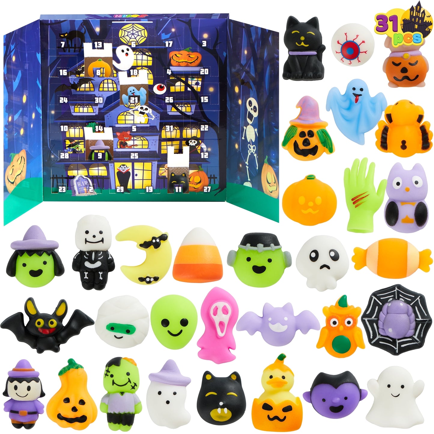 Joyfy 31 Pcs Halloween Advent Calendar 2025,Halloween Mochi Squishy Toys,Trick or Treat Prizes Gift