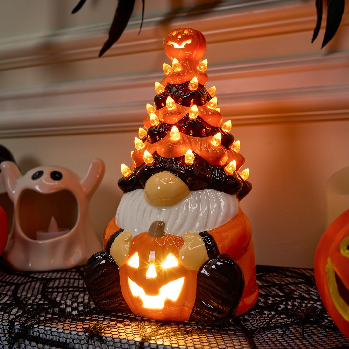 JOYIN 8.5 inch Halloween Decorations Ceramic Gnome Tree Decorations with Build-in LEDs,Light Up Pumpkin Table Decor Bedroom Indoor Centerpieces for Tables