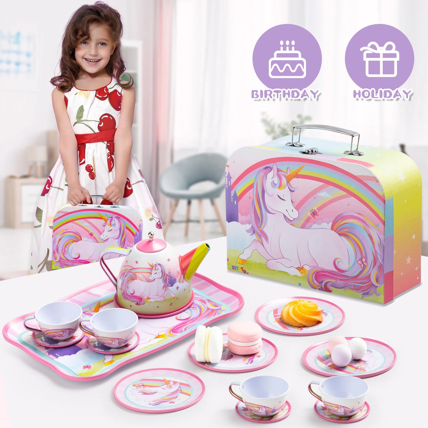 SYNCFUN Kid Tea Set, Unicorn Tea Party Set for Girls, Princess Pretend Play Tin Teapot Set Kitchen Toy for Kids Toddlers 2 3 4 5 6 Years Old, Pink