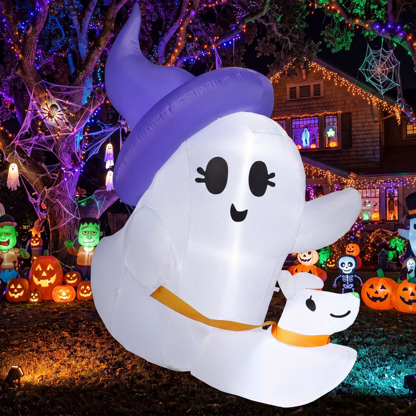 Joyfy 6 ft Halloween Inflatable Ghost Walking Dog,Cute White Blow Up Decor with LED Lights,Outdoor Yard Decoration for Garden,Lawn,Party
